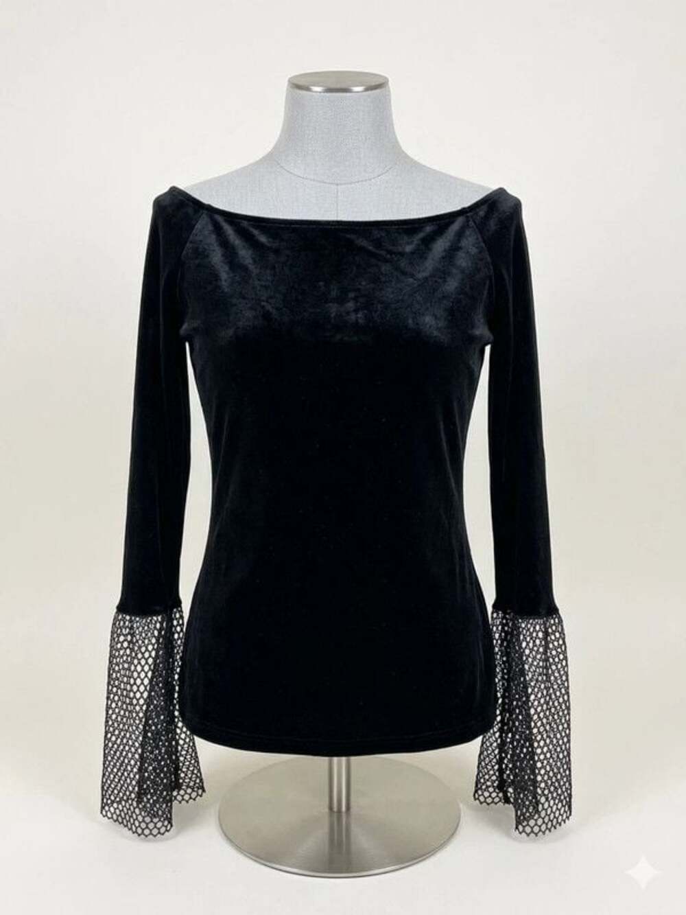 Elegant Black Velvet & Mesh Bell Sleeve Top